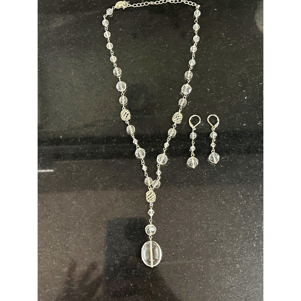Lia Sophia Clear Faceted Crystal Glass Beaded Y-Drop Necklace Earrings Set